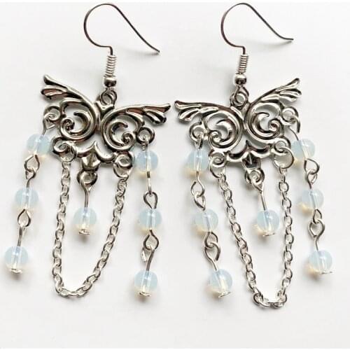 White Opal Beads Crystal Butterfly Earrings Silver-color Link Chain Tassel Fringe Earrings Creative Jewelry Vintage Animal Opal