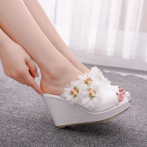 Crystal Queen White Lace Flower Peep Toe Platform Wedges Sandals Wedges High Heels Slippers Beach Sandals Women Shoes
