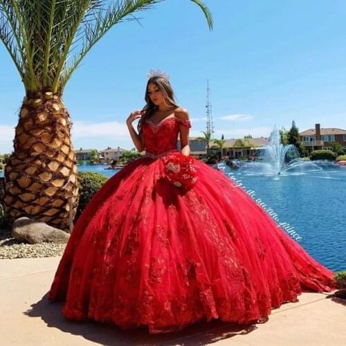 Vestidos de xv años Puffy Red Quinceanera Dress Lace Appliques Off Shoulder Beaded Sweet 16 Dress Pageant Gowns 2021