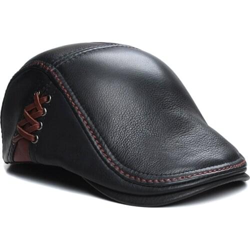 Cowhide Cap Mens Casual Fashion LEATHER BERET Outdoor Warm Hat Autumn Winter Single Hats