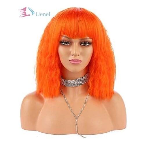 Uenel Women Short Bob Fluffy Hair Full Wigs with Bangs Heat Resistant Kinky Straight Custom Cosplay Party Wigs Orange