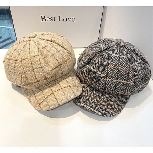 Ladies Hat Japanese Literature and Art Retro Lattice Octagonal Cap Spring and Autumn All-match British Style Newsboy Hats