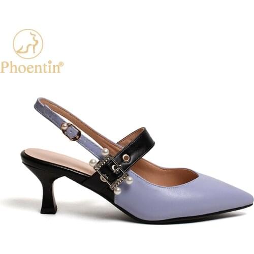 Phoentin 2020 kitten heels with pearl slingbacks summer shoes women sandals cover toe pointy middle heel blue plus size FT948