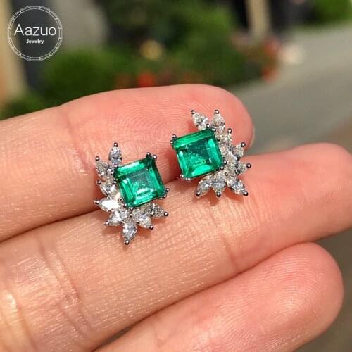 Aazuo Real 18K White Gold Natural Emerald 1.20ct Real Diamonds Square Stud Earrings gifted for Women Engagement Wedding Party