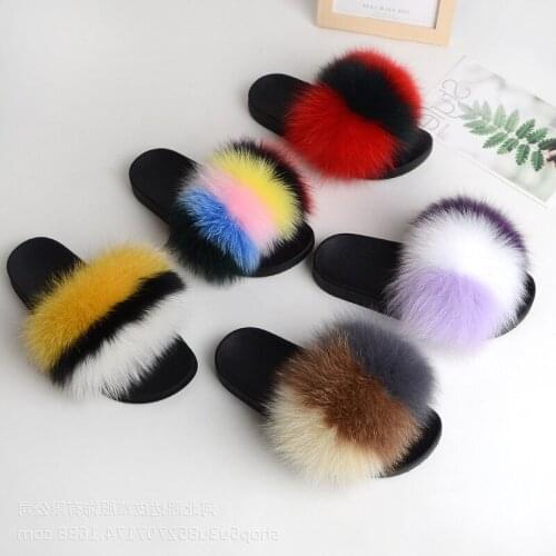 2021 ladies Fur Slippers Summer Fluffy Fox Fur Plush Plush Flip-Flops Fashionable and Charming Home Flat Non-Slip Wear-Resistant