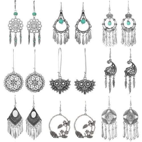 Ethnic Silver Color Earrings For Women 2020 Vintage Bohemian Geometric Leaf Big Round Circle Water Drop Earrings Indian Jewelry
