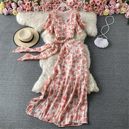 Women Floral Chiffon Bandage Dress Suit Summer V Neck trumpet Sleeve Tops High Waist Skirt Two Pieces Set Female Clothing 2021