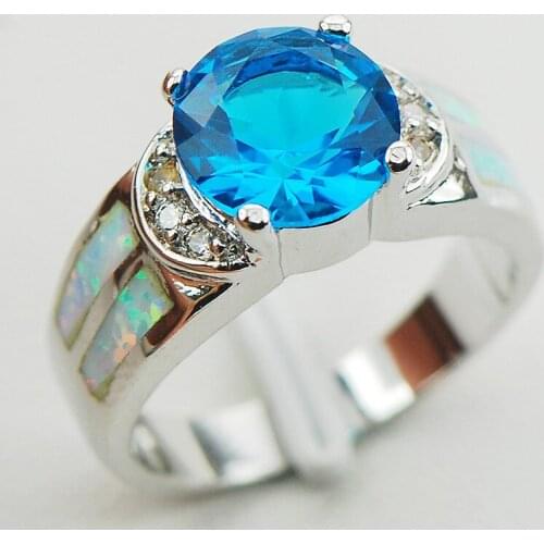 Blue Crystal Zircon White Fire Opal 925 Sterling Silver Woman Ring Size 6 7 8 9 10 R1175