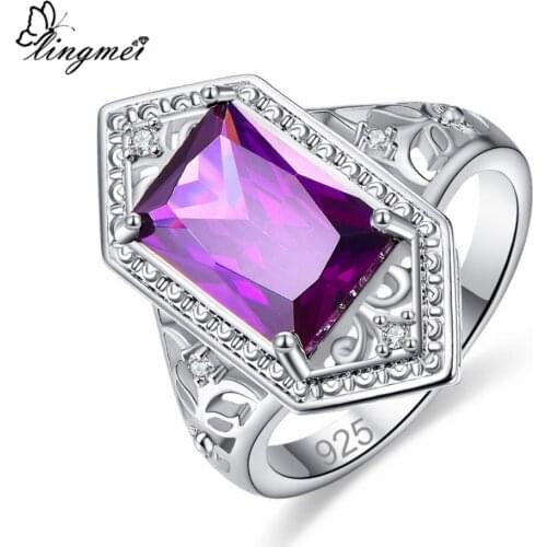 Lingmei New Comes Rectangle Cut Purple & Red CZ Silver ColorRing Size 6-9 Women Bridal Wedding Engagement Fashion Jewelry