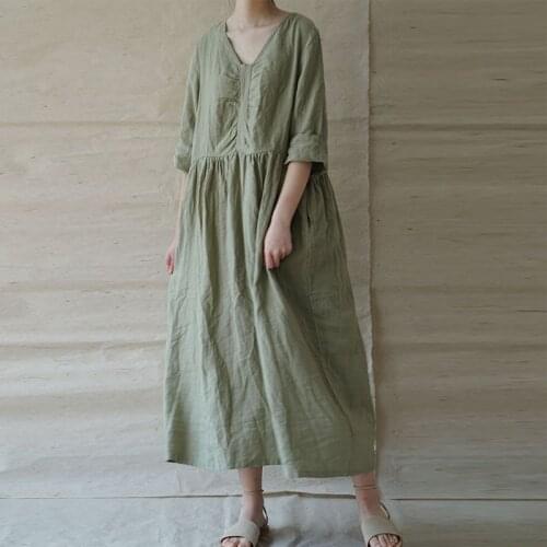 Johnature Simple Fashion V-neck Pocket Three Quarter Sleeve Cotton Linen Dresses 2021 Summer New Comfortable 3 Color Women Dress