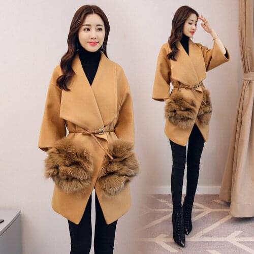 2020 NEW fashion fur Pocket Belt Woolen Coats Autumn Winter Womens Jackets ladies slim 3/4 Sleeve Wool Outerwear V968