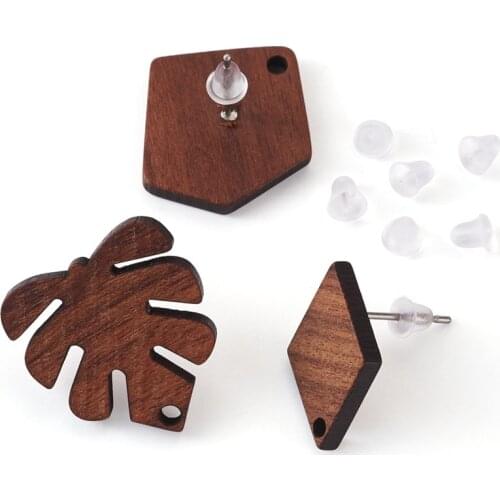 1 Box Wooden Earring Connector Findings Wood Post Stud Earrings with Ear Nuts Oval Round Drop Leaf Shape Earring DIY Handcraft