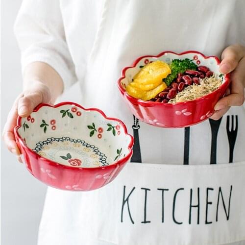 1pc Red Cherry Design Bowl Ceramic Salad Bowl Pasta Bowl Pudding Backing Bowl Microwave Safe Dinnerware