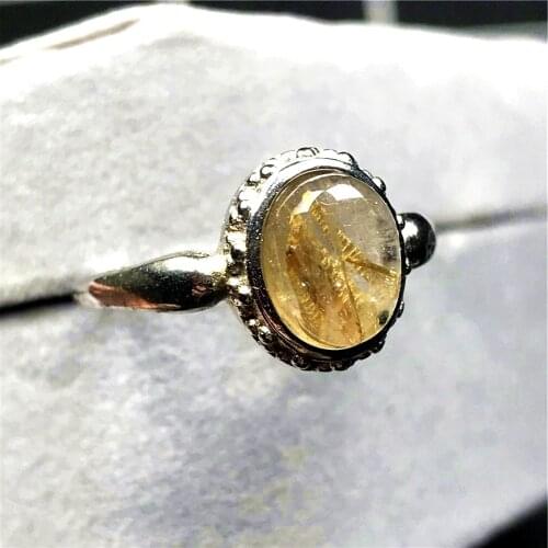 9mm Top Natural Gold Rutilated Quartz Ring For Woman Lady Man Crystal Round Beads Silver Gemstone Adjustable Ring Jewelry AAAAA