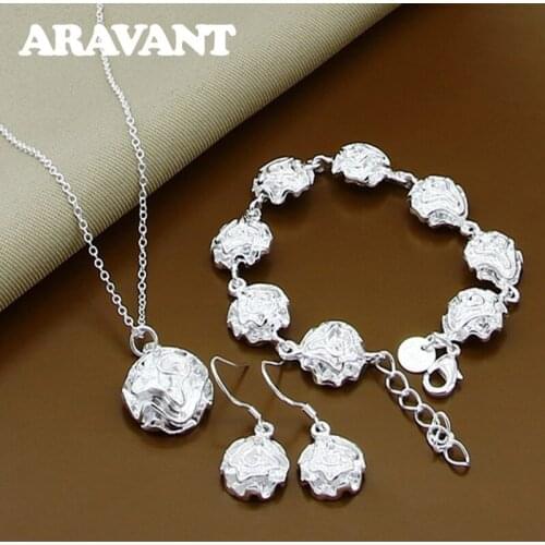 925 Silver Rose Flowers Pendants Necklaces Chain Earrings Bracelets Wedding Jewelry Set For Women