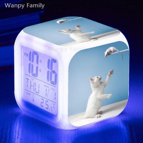 Cat and Mouse Alarm Clock 7 Color Glowing LED Big Screen Digital Clock Kids Room Multifunction Touch Sensing Luminous Clock