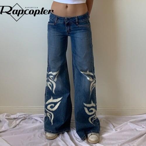 Rapcopter Butterfly Jeans Grunge Fairycore Blue Wide Leg Trousers Vintage Kawaii Low Waist Denim Sweatpants Women Mom Jeans Cute