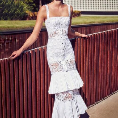 Vadim Hot Sale Cotton Lace Solid Maxi Dress Summer Dress 2019 New Fishtail Fashion Hollow Long Section High Waist Strap Woman