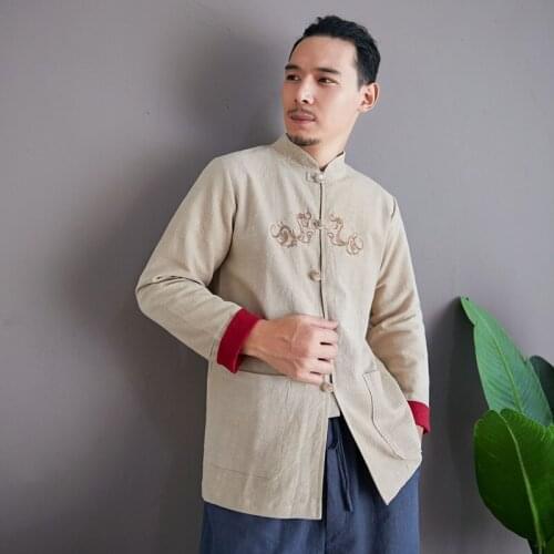 Chinese Mandarin Jacket Embroidery Kungfu Shirt Traditional Chinese Clothing For Men Cotton Linen Oriental Clothes Men KK3229
