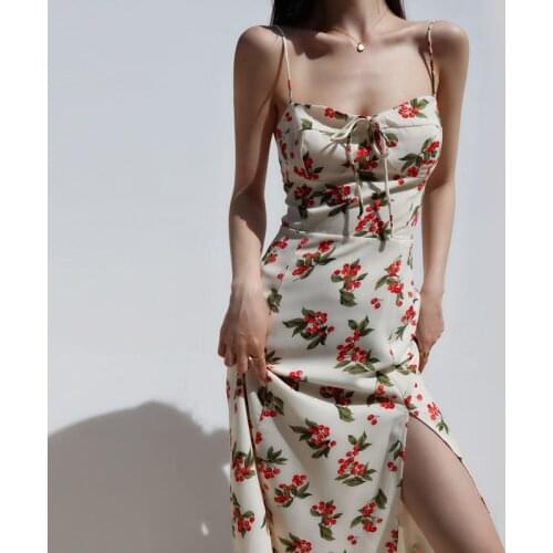 Summer Women Bandage Cherry Floral Dress V Neck Sleeveless Side Split Speghetti Strap Dress High Waist Bow Holiday Midi Dress