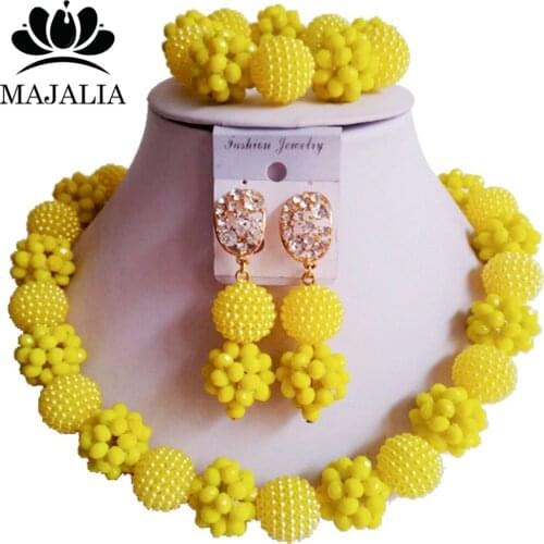 Trendy yellow Nigeria Wedding african beads jewelry set Crystal Plastic pearl necklace Bridal Jewelry Set Free shipping FC-001