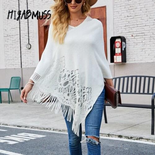 Autumn And Winter 2021 New Solid Color Hollow Womens Cloak Tassel Casual Knitted Scarf Shawl Plus Size Tops Jumper Women