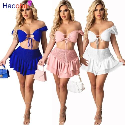 Sweet Solid 2 Piece Skirts Sets Summer Beach Outfits for Women Off Shoulder Crop Top Ruched Pleated Mini Skirts Cute Tracksuits