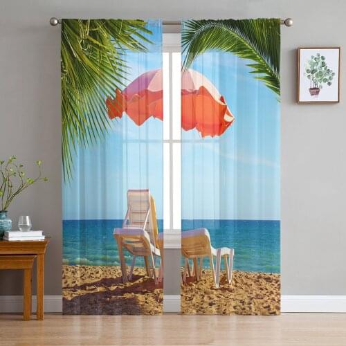 Red Parasol Beach Coconut Trees Umbrella Sheer Curtains for Living Room Modern Bedroom Voile Tulle Curtain Window Drapes