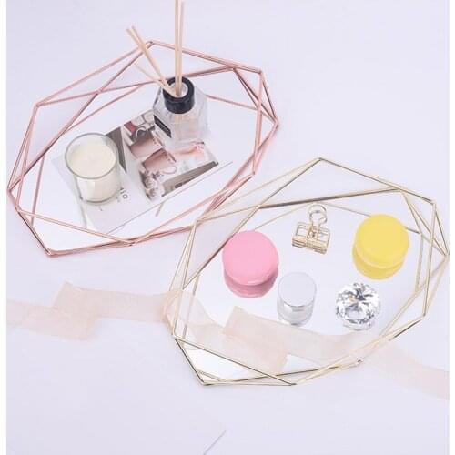 Retro Golden Storage Tray Polygon Glass Makeup Organizer Tray Dessert Snack Plate Jewelry Display Stand Kitchen Decor