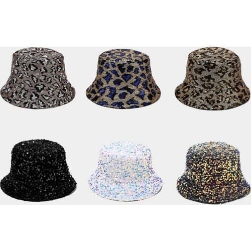 Women Fisherman Hat Sequins Leopard Pattern Stage Performance Bucket Basin Cap Summer Hat Bucket Cap Flat Visor Fisherman Hat