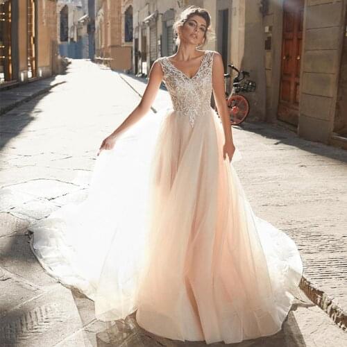 V-neck Champagne Wedding Dresses Ivory Lace Appliques Off the Shoulder V Shape Backless Lace Up Vestido de Noiva Bridal Gowns