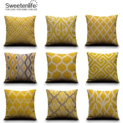 Sweetenlife Yellow Geometric Pattern Pillow Covers Decorative Cotton Linen Throw Pillows 45X45cm Wholesale Sofa Cushion Covers