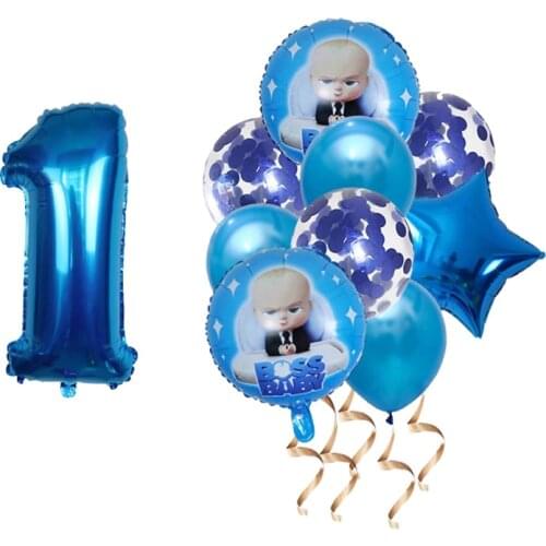 10Pcs Baby Boss Balloons With Blue Number Baloon Little Boy Baby Boss Happy Birthday Party Decoration 1st One Year Old Supplies