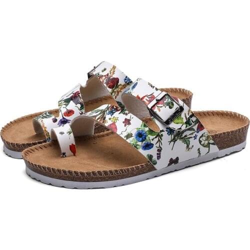 Womens Slippers Summer Printed Flip Flops Cork Beach Flip Couple Leather Sandals