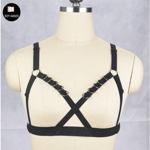 Women elastic Adjustable Harness Bra Black cupless Harajuku Gothic sexy bondage lingerie erotic frame bra Open Chest Harness bra