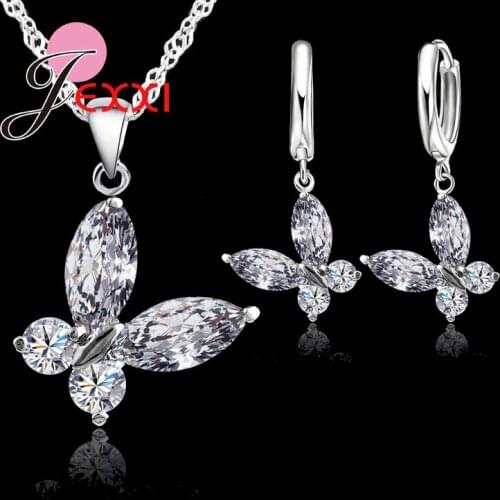Free Shipping Crystal Butterfly With Female Fashion Short Chain Pendants Necklace+Earrings Jewelry Set For Women