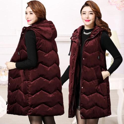 Middle-Aged Womens Autumn Winter Korean Down Cotton Waistcoat Jacket Mid-Length Thick Hooded Vest Warm Sleeveless Coat y1570