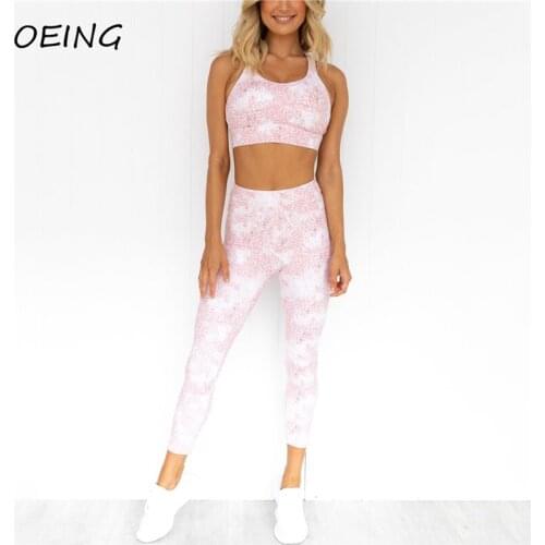 Yoga Workout Sets Women Gym Clothes 2 Piece Jogging Suits Pink Floral Print Tights High Waist Seamless Leggings Set