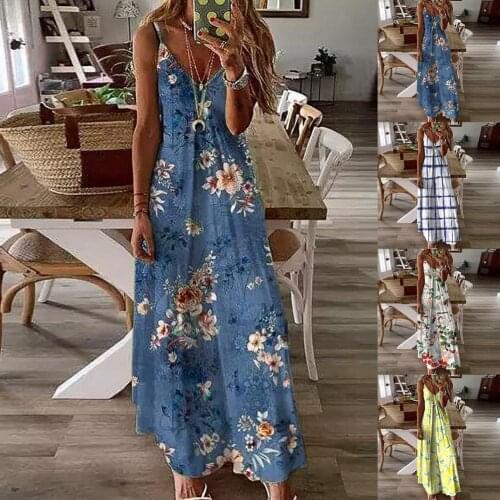 Fashion Elegant Sleeveless Sling Party Maxi Dress V Neck Floral Print Women Spaghetti Strap Dress for Dating Beach Long Dress
