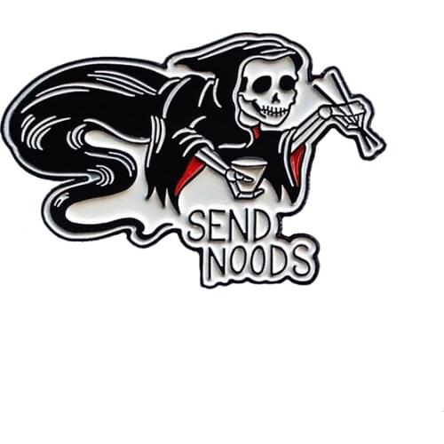 Grim Reaper send noodles lapel pin horror death food badge funny shirts backpack decor