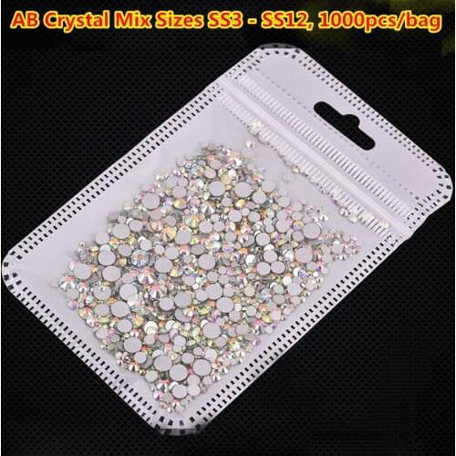 1000pcs Non Hot Fix Rhinestone Mix Size (ss3-ss12) Crystal Clear Glass Flatback Crystal Strass for Nail Decoration