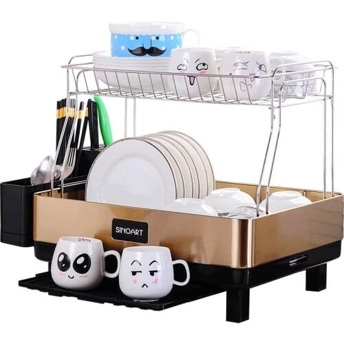 2 Tier Kitchen Dish Drying Rack Bowl Drainer Dishes Dryer Basket Knief Holder Kitchen Tools Cutlery Storage Shelf Plate Rack