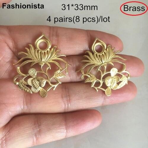 4 Pairs (8 pcs) -31*33mm Brass Casted Chrysanthemum Flower Charms With 5mm Base Settings,Raw Brass Filigree Flowers For Jewelry