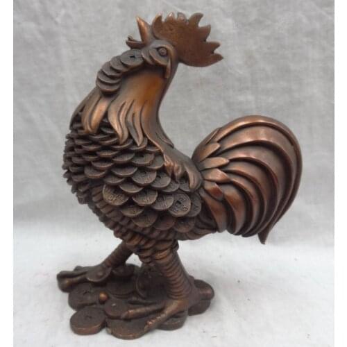 Bi002245 8" Chinese Year Zodiac Pure Bronze Wealth Animals Coin Cock Rooster Statue