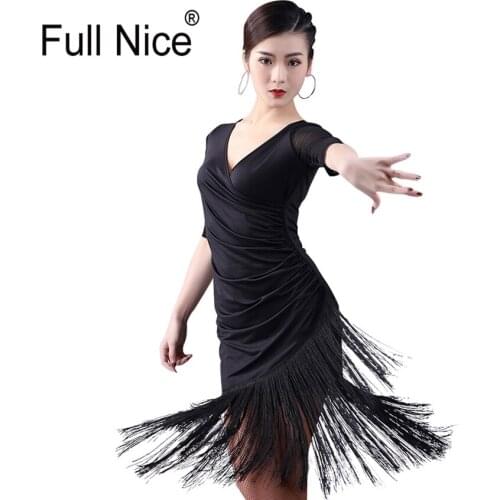 Latin dance dress Black V neck Tassel one piece fringe clothes Tango Salsa Samba Rumba Flamengo Ballroom Dance