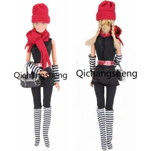 Black Jumpsuit Outfits 11.5" Doll Clothes For Barbie Clothes Red Hat Scarf Sleeves Bag Socks 1/6 BJD Dolls Accessories Girl Gift