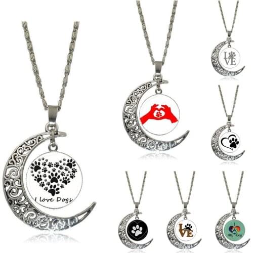 EJ Glaze Love Paw Print Fashion Glass Cabochon Moon Pendant Necklace Women Silver Color Choker Necklace For Women Wedding Gift