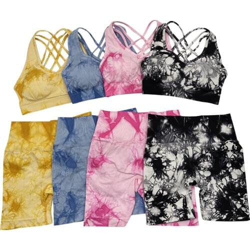 Tie Dyed Elastic Yoga Set Sports Running Fitness Suit Shockproof Gathered Backless Bra High Waist Shorts For Women Gym Clothing