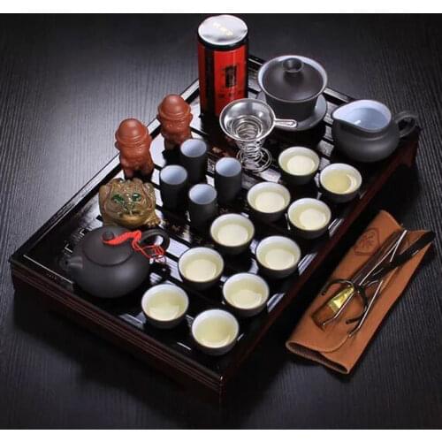 Chinese kung fu tea set porcelain tray purple grit ceramic teapot for the tea cups with saucers solid wood the tea pot 26pcs