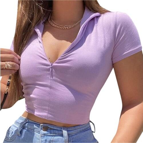 Womens Sexy Solid Color Invisible Zipper Turn-down Collar Short Sleeve Exposed Navel Fashion T-shirt Summer Casual Tops
